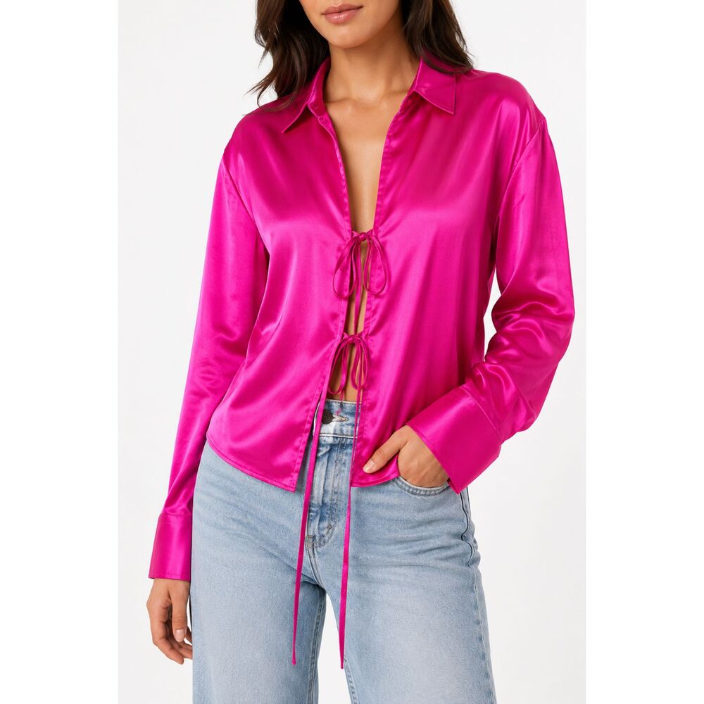 Wild Fable Hot Pink Satin Tie Front Blouse Women's Size Medium
